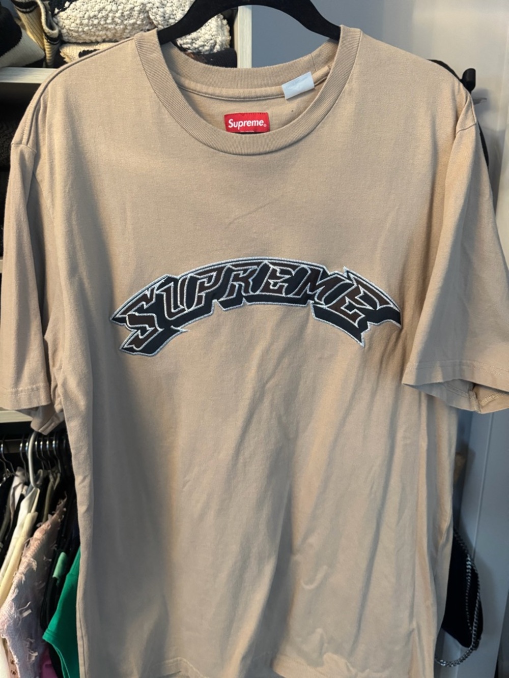 Supreme Beige Short-Sleeve Logo Tee with Black/White Arch